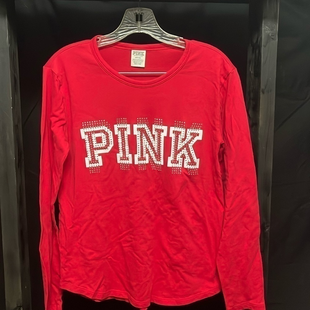 PINK- red long sleeved shirt with white letters and bling